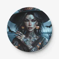 Pretty Gothic Witch with Tattoos Halloween Party Paper Plates