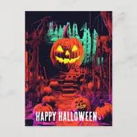  Retro Haunted Halloween Jack O Lanterns Postcard