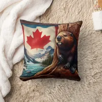 Beaver By River With Canadian Flag Throw Pillow