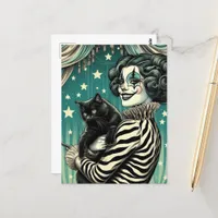 Happy Circus Clown Woman and a black cat Postcard