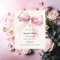 Pink bow cream girl Confirmation invitation