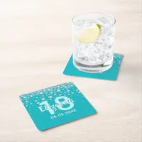 18th birthday teal green glitter diamonds name square paper coaster