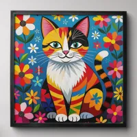 Boho Folk Art Cat, Flowers & Butterfly   Peel And Stick Photo Tile