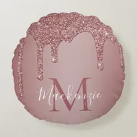 Rose Gold Sparkle Glitter Drips Monogram Baby Round Pillow