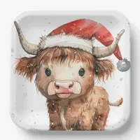 Cute. Highland Cow in Santa Hat White Paper Plates