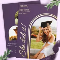 She Did It Purple Modern Arch Photo Graduation Foil Invitation