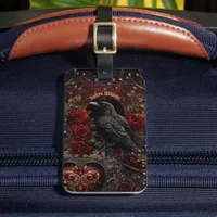 Dark Gothic Beauty Red Roses Black Crow Raven Bird Luggage Tag