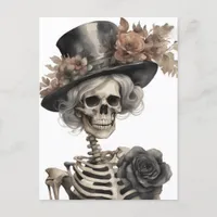 Watercolor Skeleton In a Fancy Hat With Flowers  Postcard