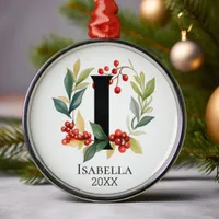 Monogram Initial Letter I Berry Wreath Christmas Metal Ornament