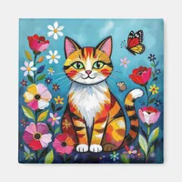 Impasto Cat, Flowers & Butterfly Magnet