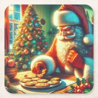 Vintage Christmas Santa Eating Cookies Square Paper Coaster