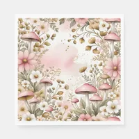 Cottage Core Mushrooms and Flowers Pink and Gold Napkins
