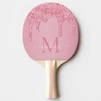 Blush Pink Sparkle Glam Glitter Drips Monogram Ping Pong Paddle