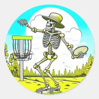 Disc Golfing Skeleton in Hat Retro  Classic Round Sticker