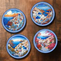 Santorini Greece Island Painting | Travel Art  Coaster Set