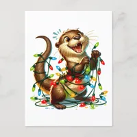 A Festive Cute Christmas Otter Wrapped in Lights Postcard