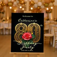 Red Rose and Gold Filigree 80th Birthday Welcome Foam Board