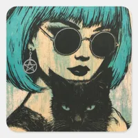 A beautiful witch with her black cat  square sticker