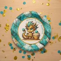Personalized Gold Teal Dragon Boy's Birthday Party Paper Plates