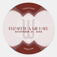 Red & White Lace Monogram Wedding Classic Round Sticker