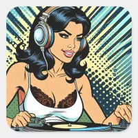 Pretty Female Deejay Jamming Pop Art  Square Sticker