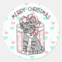 Sweet Merry Christmas Gray Kitten Pink Presents Classic Round Sticker