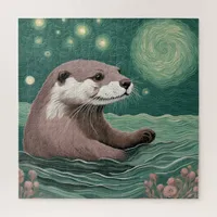 Otter in a Starry Night Ocean Sage and Rose Color Jigsaw Puzzle