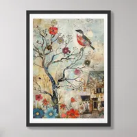 Whimsical Nature Illustration Bird Flowers AI  Framed Art