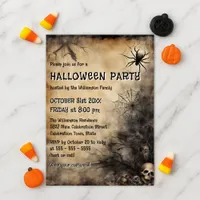 Grungy Spiderweb Skulls and Bare Tree Halloween Invitation