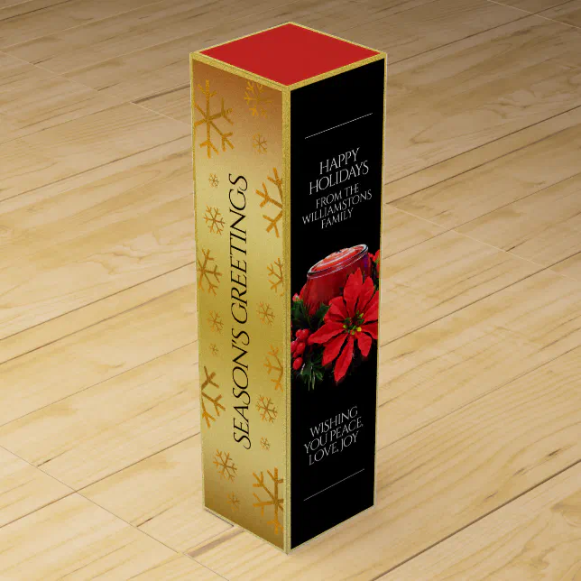 Festive Red Christmas Candles, Holly, Snowflakes Wine Box