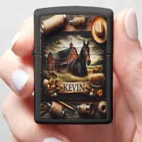 A Rustic Farm Scene With A Horse, A Red Barn, And  Zippo Lighter