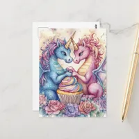 Unicorn Dragons With Cupcake and Flowers Postcard