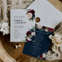 Boho Floral Burgundy Navy Wedding Program 