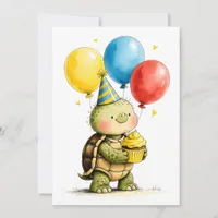 Cute Turtle with Cupcake Kid's Happy Birthday Flat Card