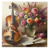 Violin, Sheet Music and a Vase of Flowers  Ceramic Tile