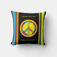 [Geometric Tie-Dye] Stripes with Peace Sign Black Throw Pillow