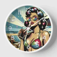 Beautiful Pinup Woman with a Cola on the Beach Clock