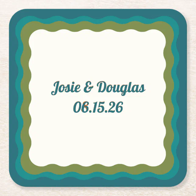 Wavy Border Retro 70s Vintage Aesthetic Wedding Square Paper Coaster