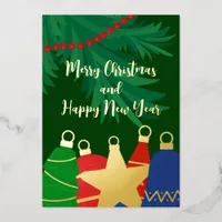 Garland with retro Christmas tree ornaments Foil Holiday Card