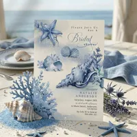 Elegant Coastal Ocean Blue Seashell Bridal Shower Invitation