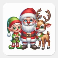 Cute Santa, Elf and Reindeer Christmas  Square Sticker