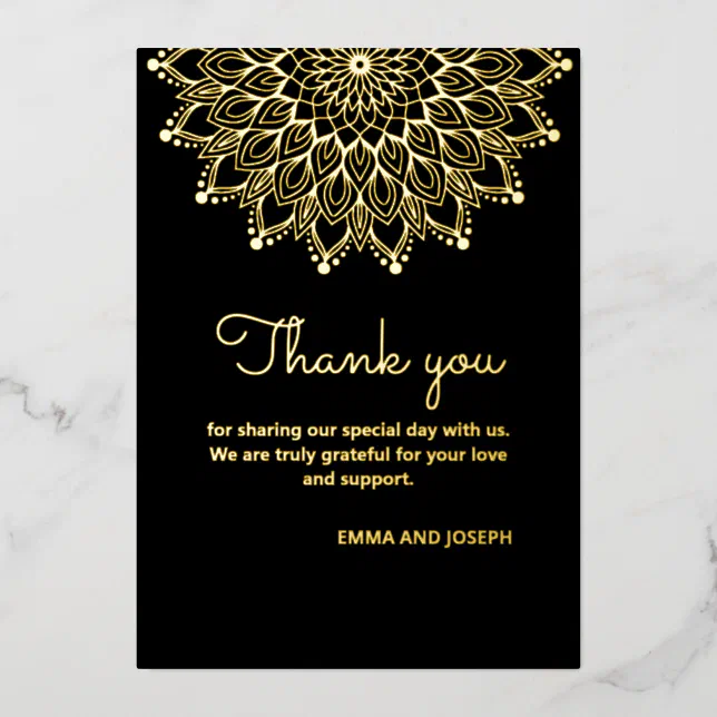 Elegant simple black ornate wedding thank you card