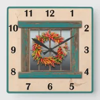 Southwest Chile Wreath Blue Window Basic Numbers  Square Wall Clock