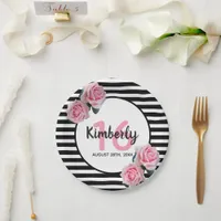 Sweet 16 black stripes pink florals name paper plates