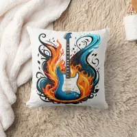 A fiery blue guitar surrounded by swirling flames throw pillow