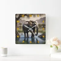 Majestic Elephant Wading in Serene Water at Dawn Square Wall Clock