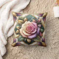 Elegant Pink Rose Surrounded by Colorful Leaves Throw Pillow