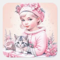 Pink Vintage Girl and Kitten Christmas Square Sticker