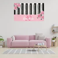 30th birthday black stripes pink florals name banner