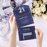 21st Birthday navy blue silver stars rsvp All In One Invitation